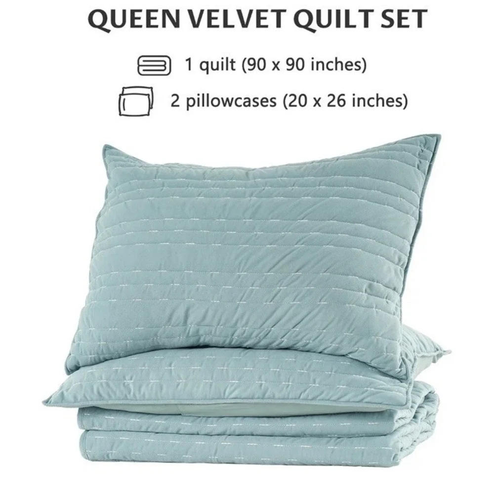 Kasentex Velvet Quilt Set Luxury Quilt 3PC Set Full/ Queen Lake Blue